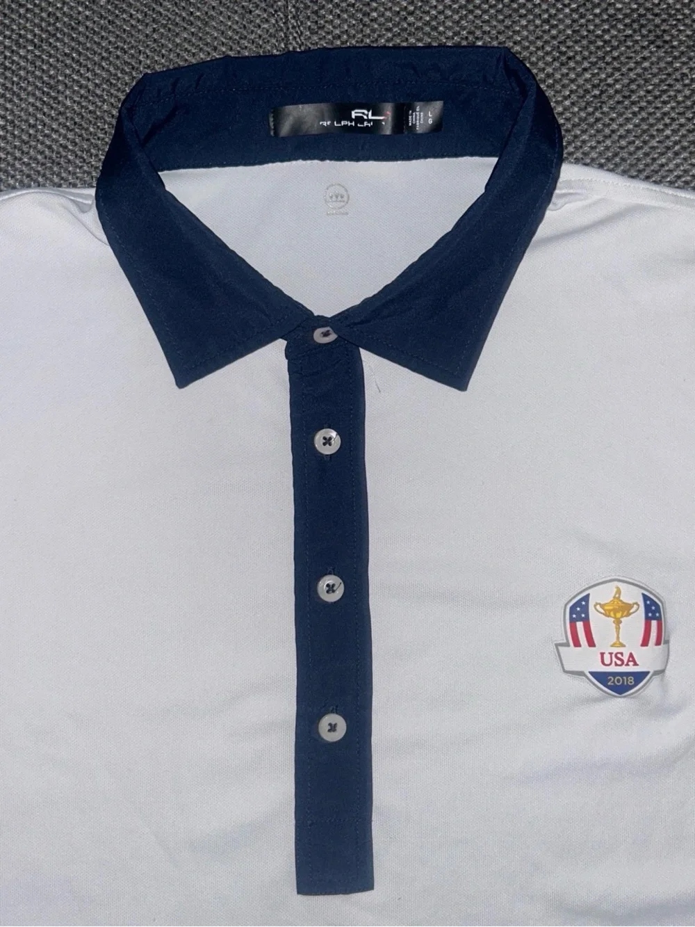 Rare Polo Ralph Lauren RLX White Polo with Navy Collar and 2018 USA Patch